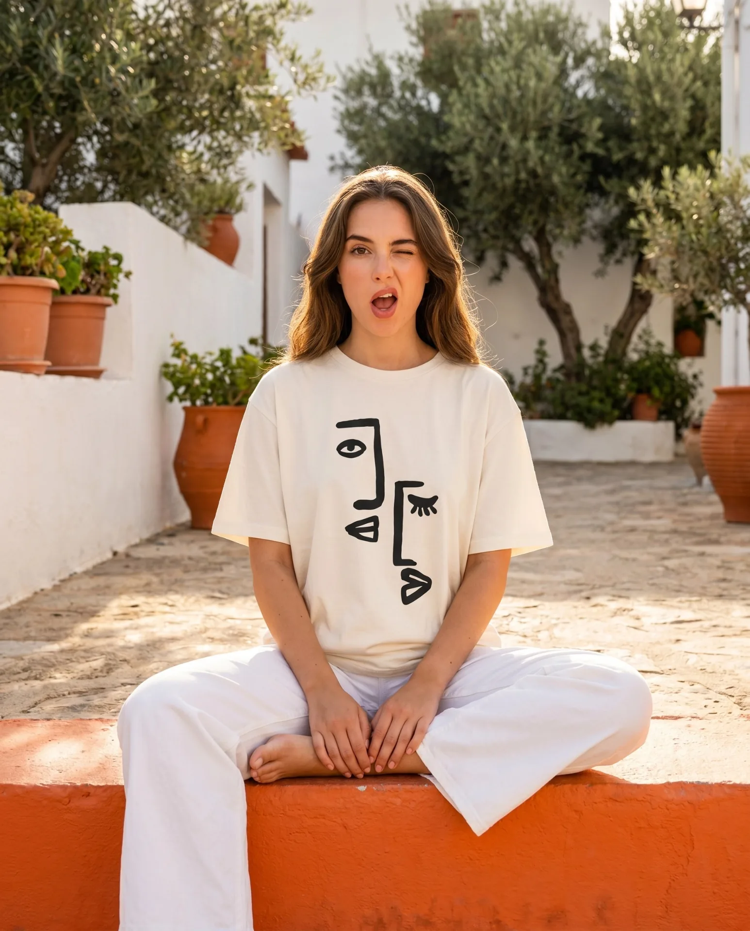 Κοπέλα με λευκό oversized t-shirt με abstract face print σε ελληνικό νησιώτικο σοκάκι