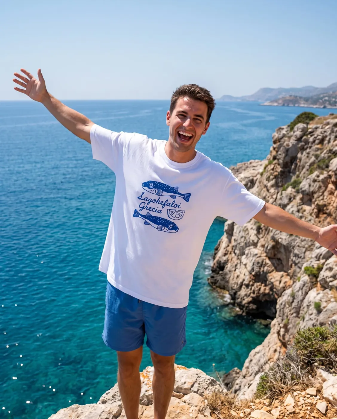 Χαμογελαστός άντρας με λευκό t-shirt Lagokefaloi Grecia πάνω σε βράχο με φόντο το ελληνικό γαλάζιο πέλαγος